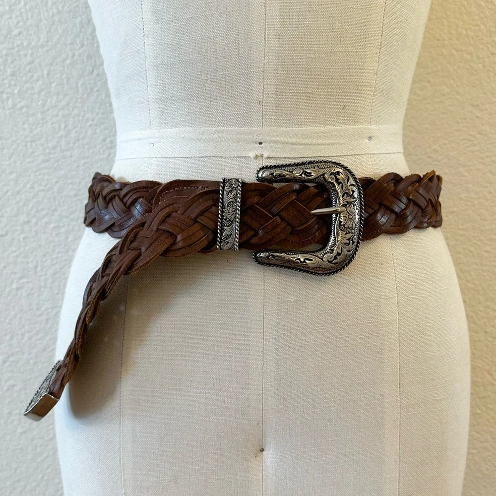 Vintage Brown Leather Woven Belt w/ Silver Buckle - Picture 1 of 6